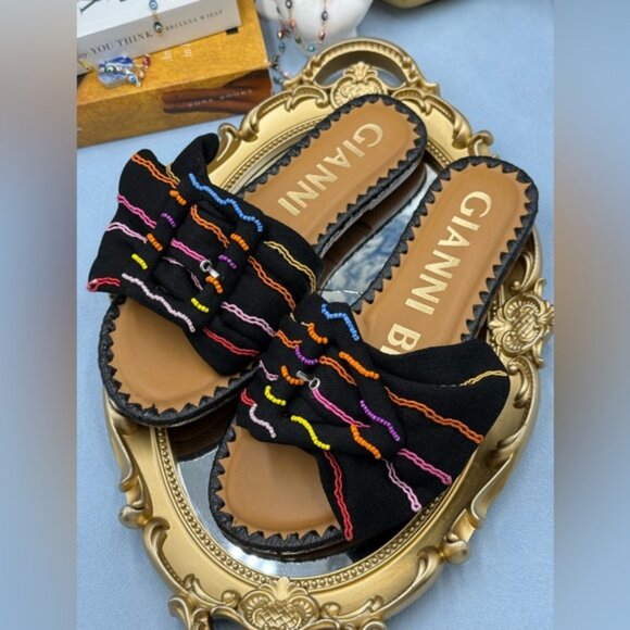 🆕 GIANNI BINI 🧿 NWOB JaxsonTwo Black & Rainbow Striped Linen Slide Sandal, Sz6 - Picture 10 of 15